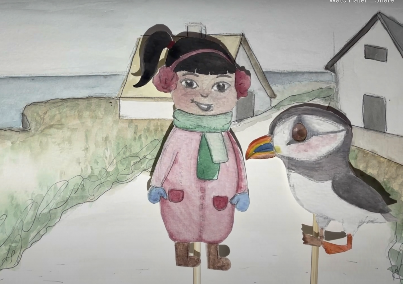 Illustration of little girl and a bird in front of a village.